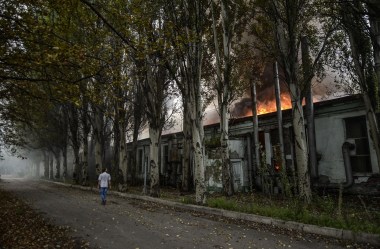 Smoke rises from an old factory as intense shelling rocked the area, on July 21, 2014 in the rebel stronghold of Donetsk in eastern Ukraine.