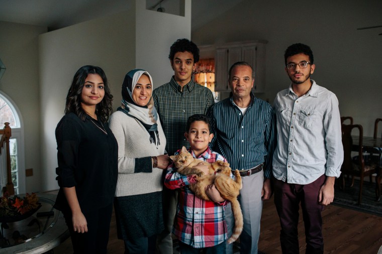 Shanab family members pose for a photos. From left, Sara Shanab, Sanaa Soliman, AbdelRahman Shanab, Omar Shanab, Tarek Shanab and Mohamed Shanab at their home in Fredericksburg, Va. Sara and Mohamed started a Muslim student club at their school, Germanna Community College.