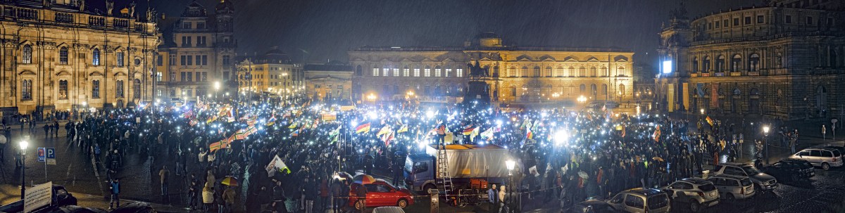 The number of right-wing demonstrations like this one in Dresden, which occurs every Monday, has grown since Merkel announced her policy on migrants