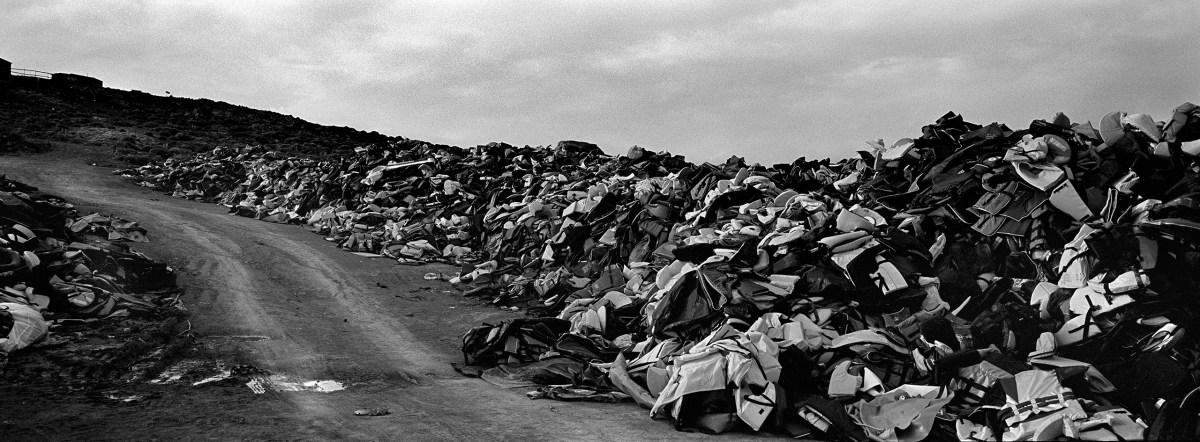 Thousands of discarded life jackets used by migrants and refugees while crossing the Aegean Sea from Turkey in Molyvos, on the Greek island of Lesvos.