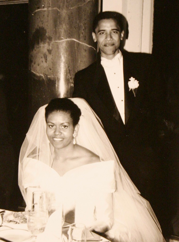 Barack Obama and Michelle Obama in a family snapshot from their wedding day, Oct. 18, 1992.