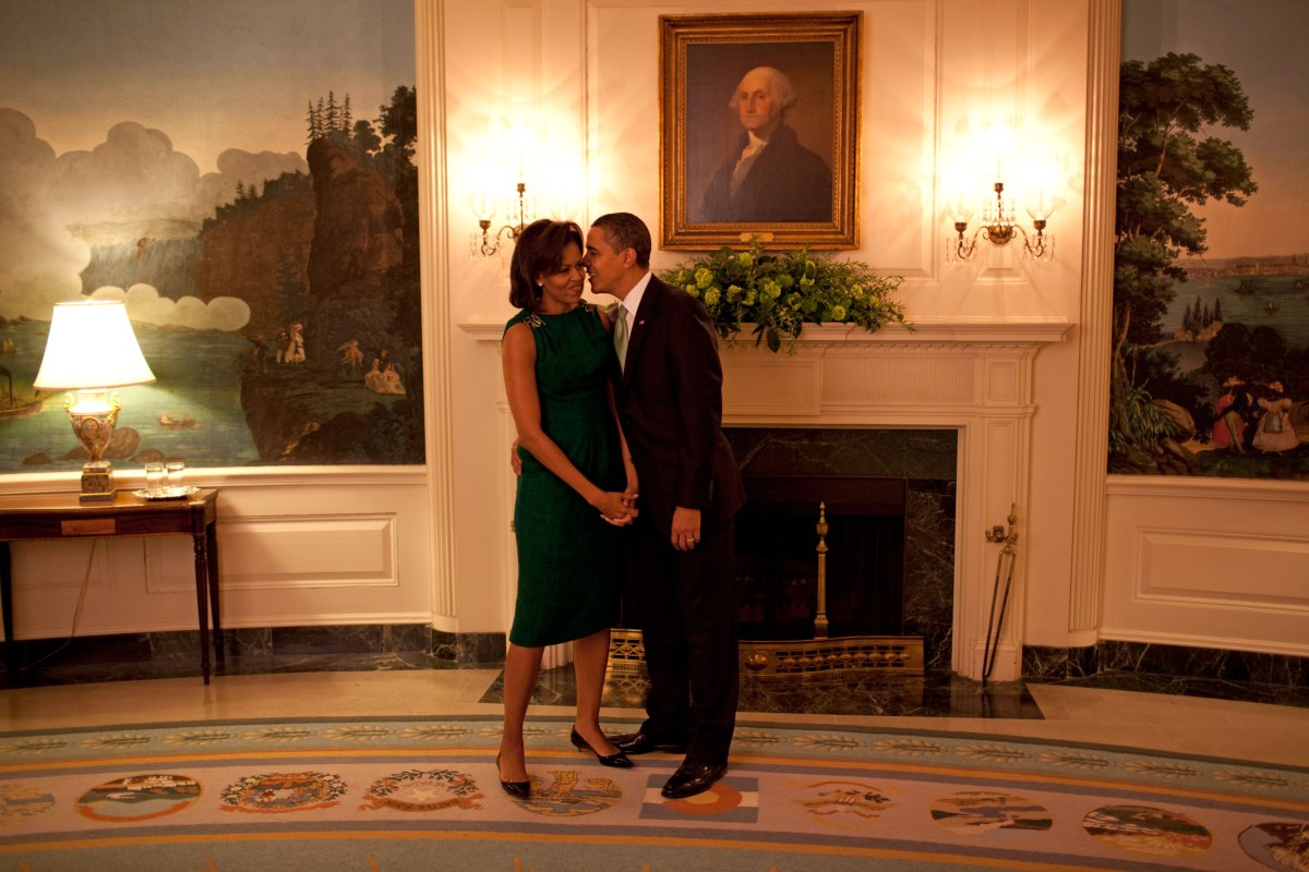 A quiet moment before a reception for Barack Obama and Michelle Obama in the Diplomatic Room of the White House in Washington, DC., March 17, 2009.