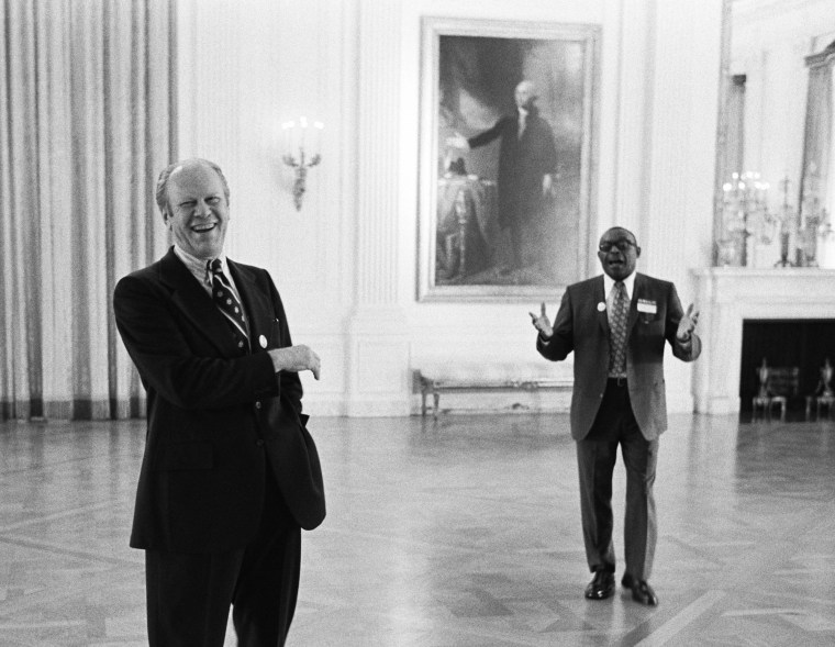 WASHINGTON ÃƒÂ‘ 1975: President Gerald R. Ford in the East Room of the White House with Sikes McGee, his teammate from the 1930 South Grand Rapids High School football team, Washington, D.C., 1976. by David Hume Kennerly/Gerald R. Ford Presidential Library