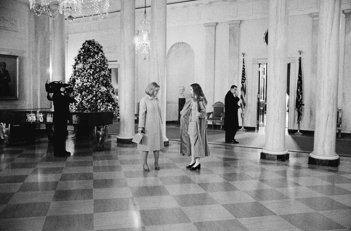Getting ready for President Clinton's second inaugural, Hillary gets her first glimpse of daughter Chelsea's short Skirt on Jan. 20, 1997.