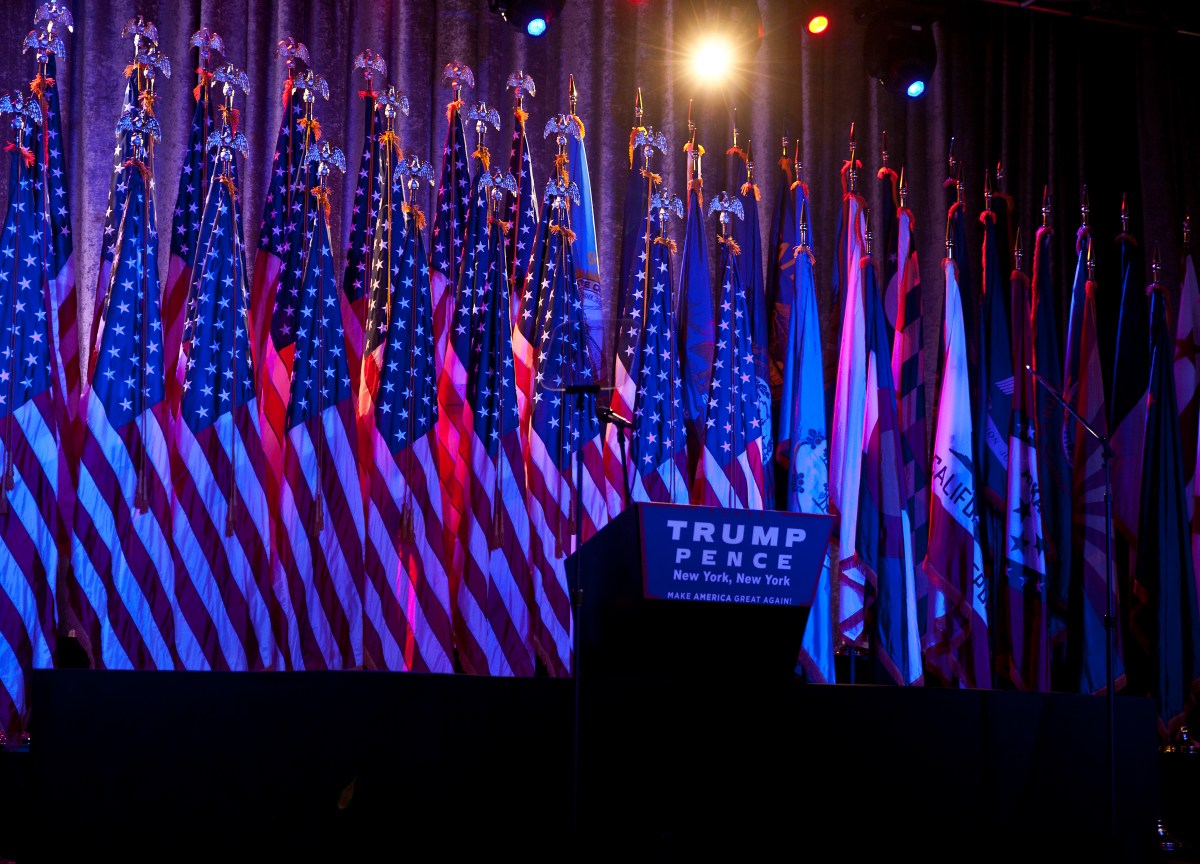 The stage at an election night party for Republican presidential candidate Donald Trump, Tuesday, Nov. 8, 2016 in New York's Manhattan borough. Trump faces Democratic nominee Hillary Clinton in the contest for president of the United States.