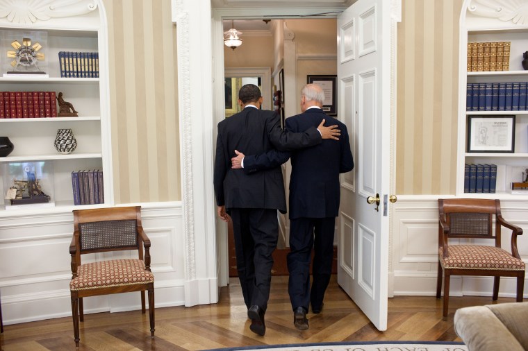President Barack Obama and Vice President Joe Biden head towards the Oval Office Private Dining Room for lunch, May 4, 2011. (Official White House Photo by Pete Souza)This official White House photograph is being made available only for publication by news organizations and/or for personal use printing by the subject(s) of the photograph. The photograph may not be manipulated in any way and may not be used in commercial or political materials, advertisements, emails, products, promotions that in any way suggests approval or endorsement of the President, the First Family, or the White House.ÃƒÂŠ
