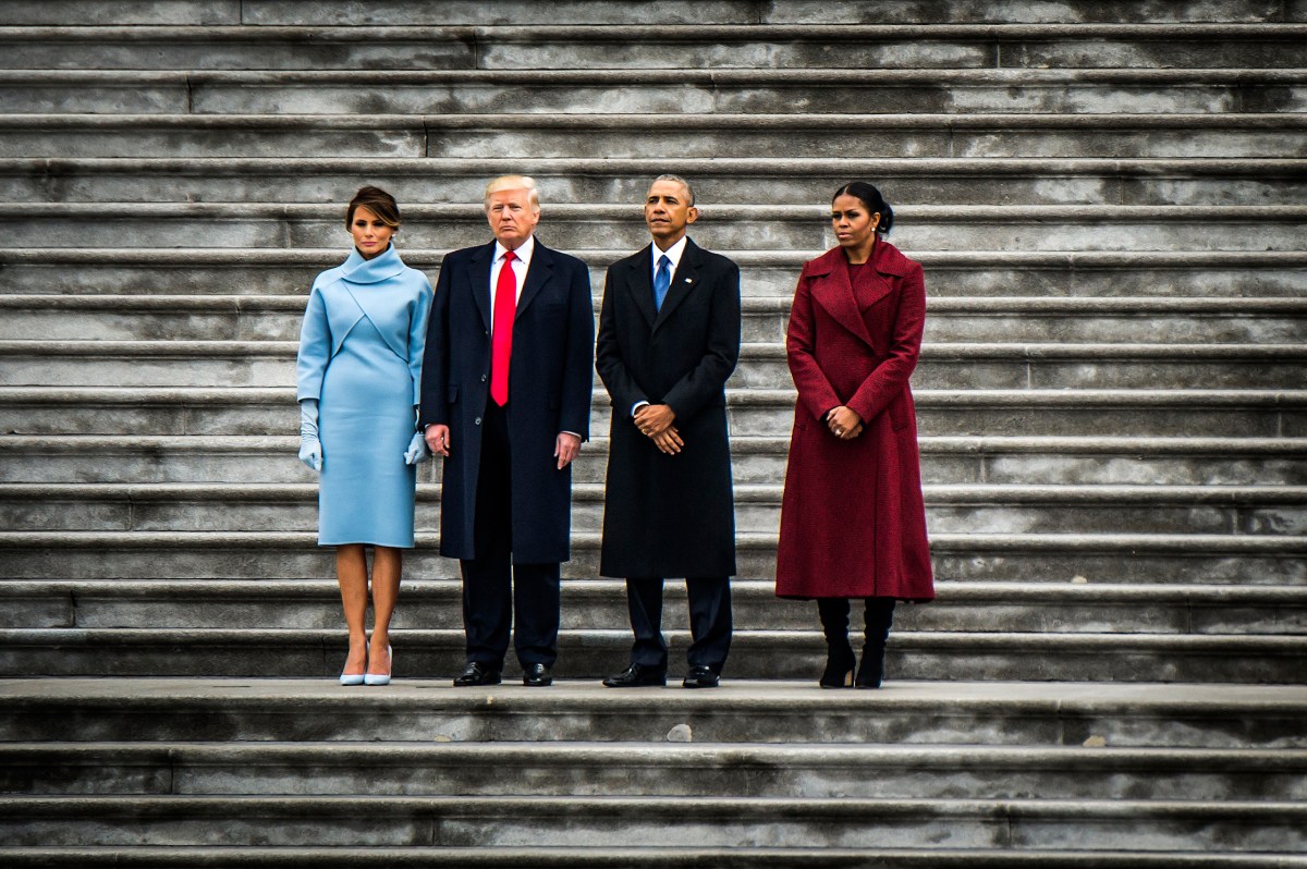 President Donald Trump and First Lady Melania Trump join former President Obama and former First Lady Michelle Obama before the Obamas leave the Capitol on a helicopter following Trump's inauguration on Jan. 20, 2017.