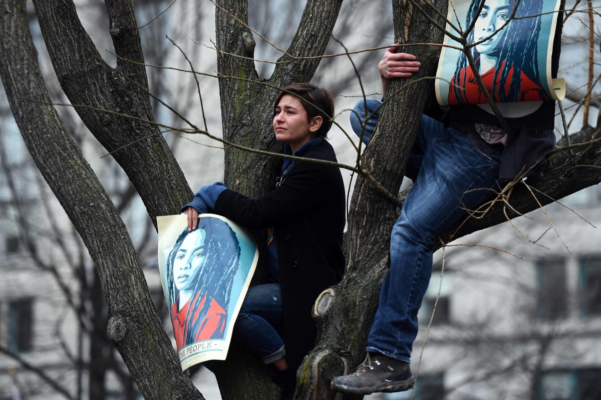 Anti-Trump protesters climb on a tree during a demonstration in Washington, D.C., on Jan. 20, 2017.