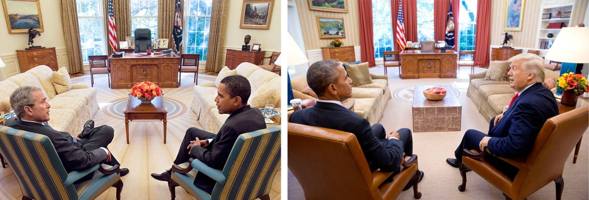 Bush And Obama: Eric Draperâ€”The White House/Getty Images; Obama and trump: Pete Souzaâ€”The White House