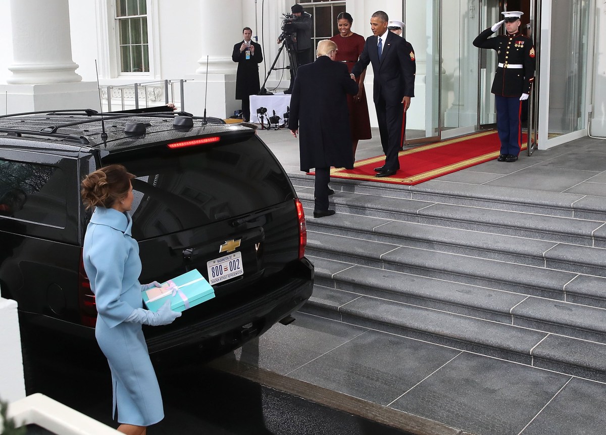 President-elect Donald Trump and his wife Melania are greeted by President Obama and First Lady Michelle Obama at the White House on Jan. 20, 2017.
