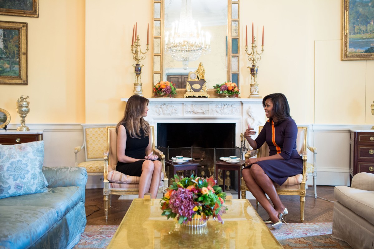 First Lady Michelle Obama meets with Melania Trump for tea in the Yellow Oval Room of the White House on Nov. 10, 2016.