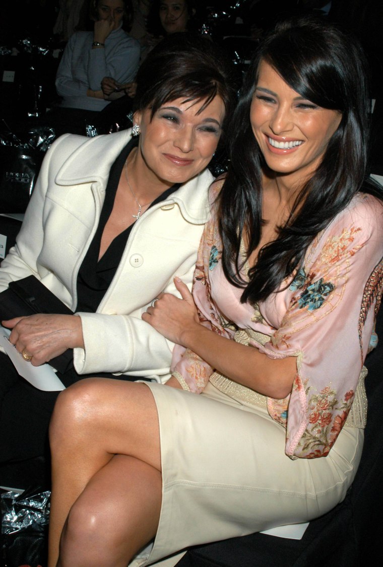 Melania Knauss and her mother, Amalija UlÃ„Ânik, attend the Zac Posen Fall Fashion Show at Bryant Park in New York City on Feb. 12, 2004.