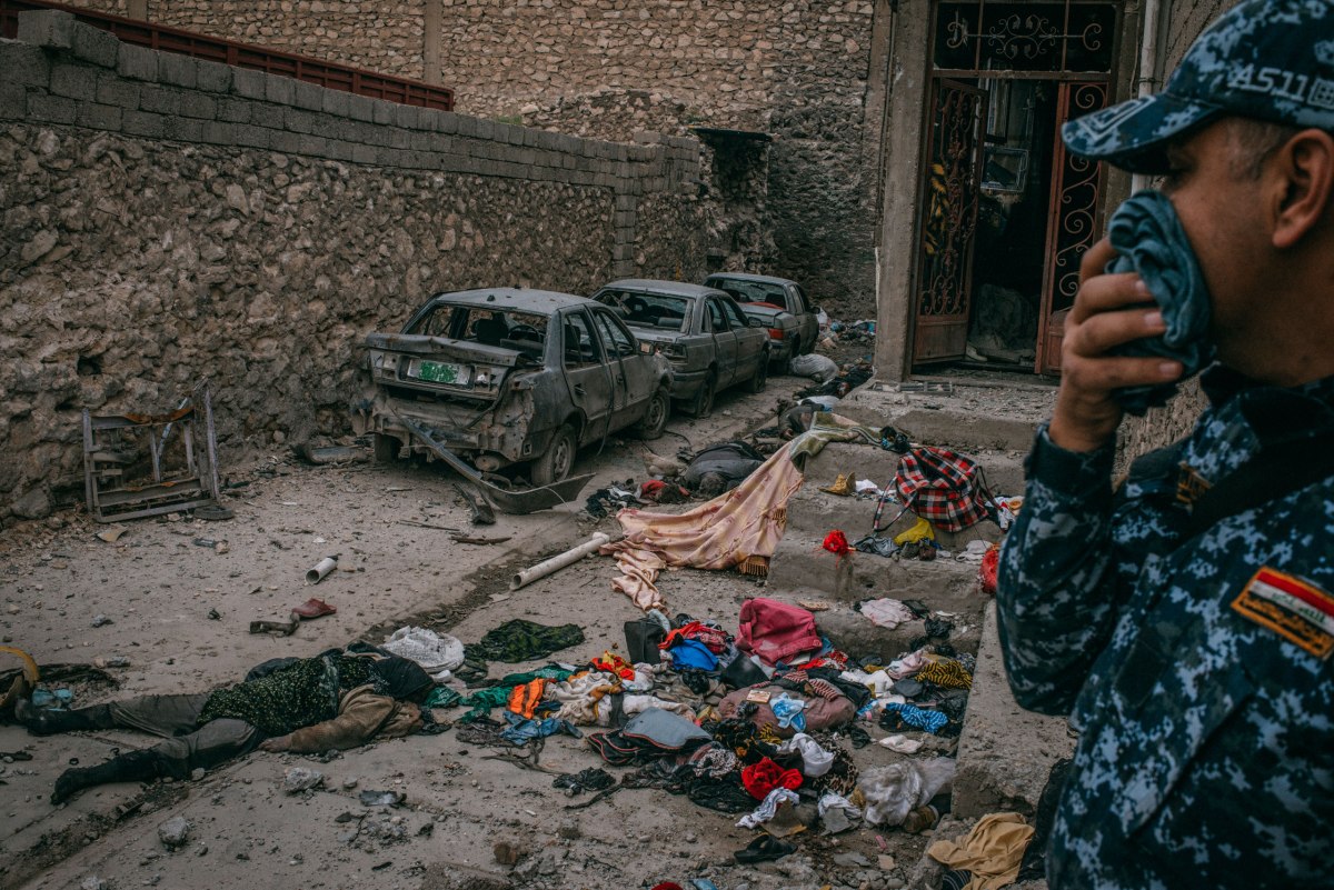 The alley where some 16 civilians were killed in the Dawasa neighborhood of Mosul, photographed on March 30.