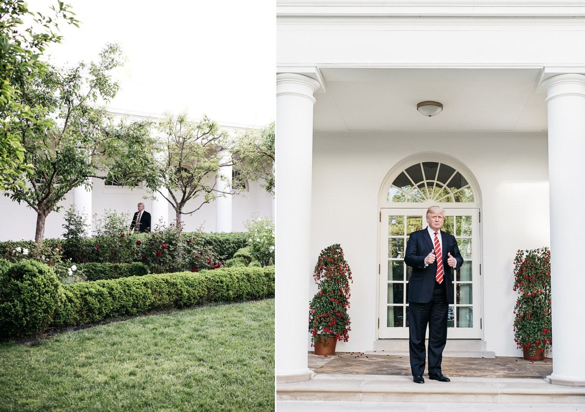 Left: President Trump walks along the Colonnade. Right: Trump gives a thumbs up. Benjamin Rasmussen for TIME