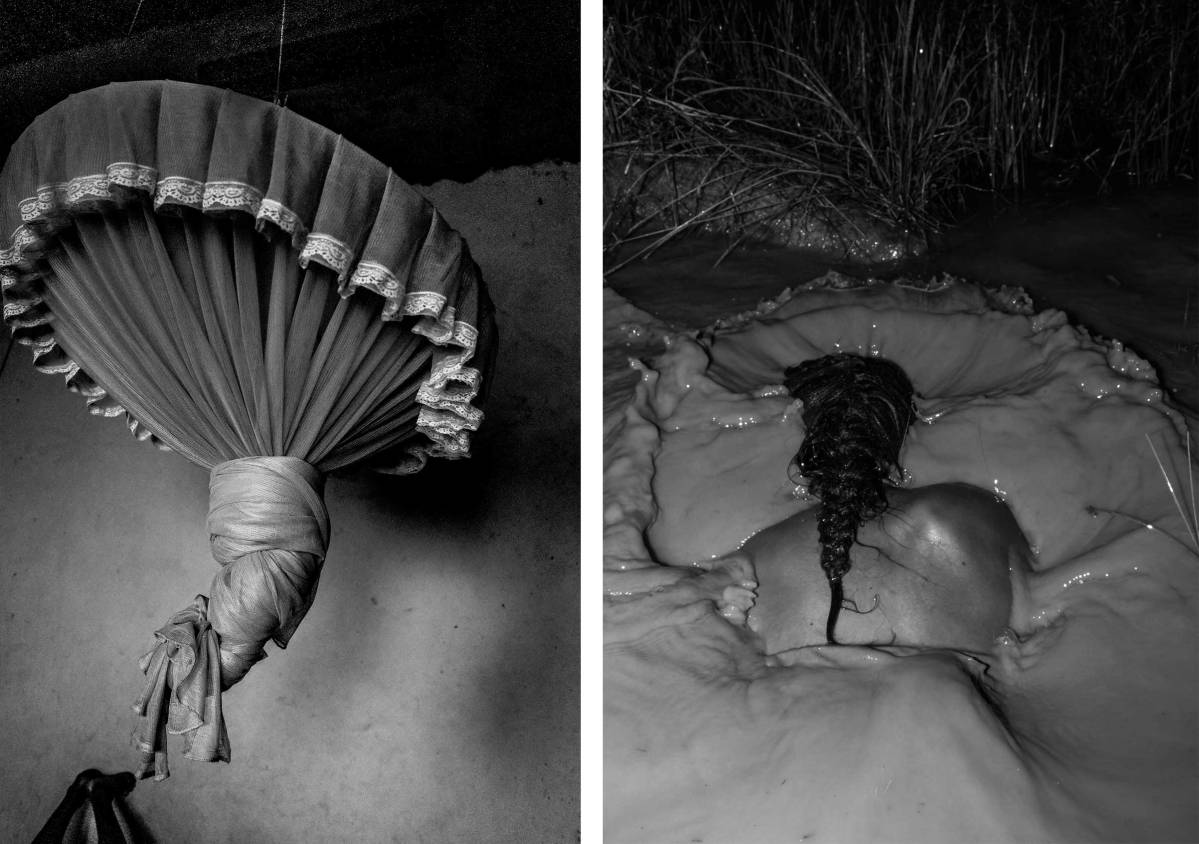 Juanita Escobar</span><span class="caption">(L) Mosquito net at the Guarín family home. Orocué, Casanare State, 2015. (R) Wendy Ramirez plays with her brothers in a pond in the savannah during winter time. Matabrava Ranch, Casanare State, 2015.