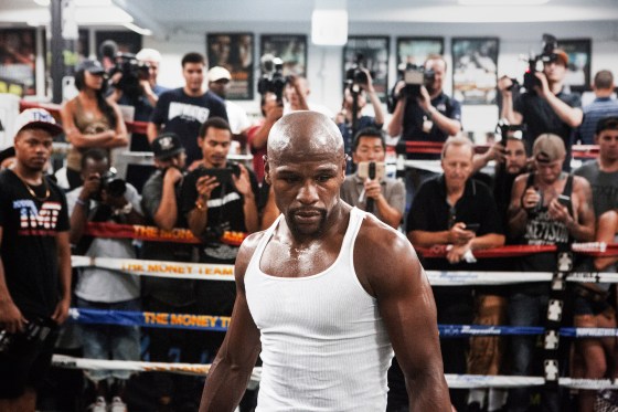 Mayweather at a workout for the media August 10.