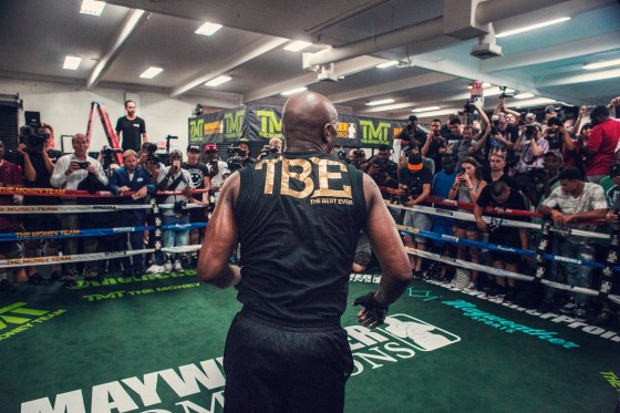 Mayweather trains for the media at his boxing club in Las Vegas.