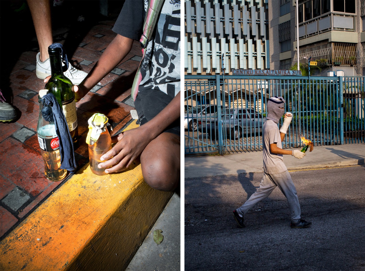 Left: A boy prepares Molotov cocktails during a quiet afternoon in the Chacao section of Caracas on July 31. Right: A youth holds a Molotov cocktail in eastern Caracas.