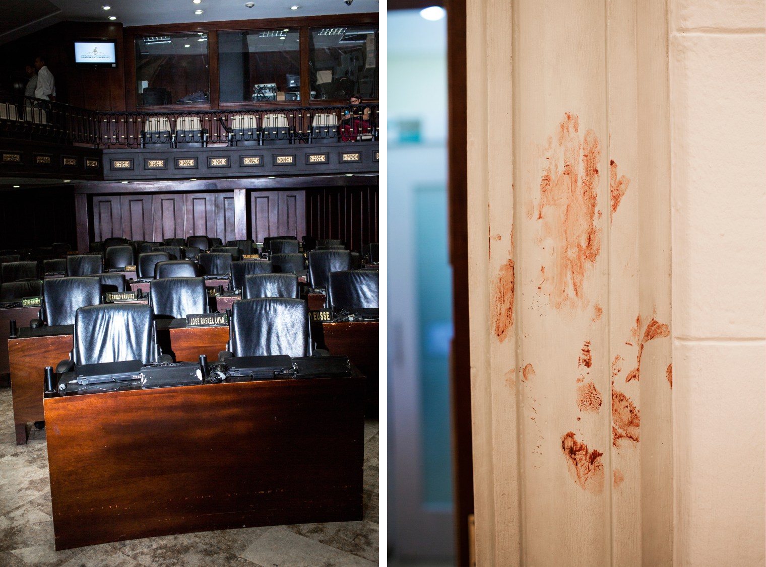 Left: Empty seats in the chamber of the National Assembly on Aug. 2, 2017. Right: A bloodstained wall in the building.