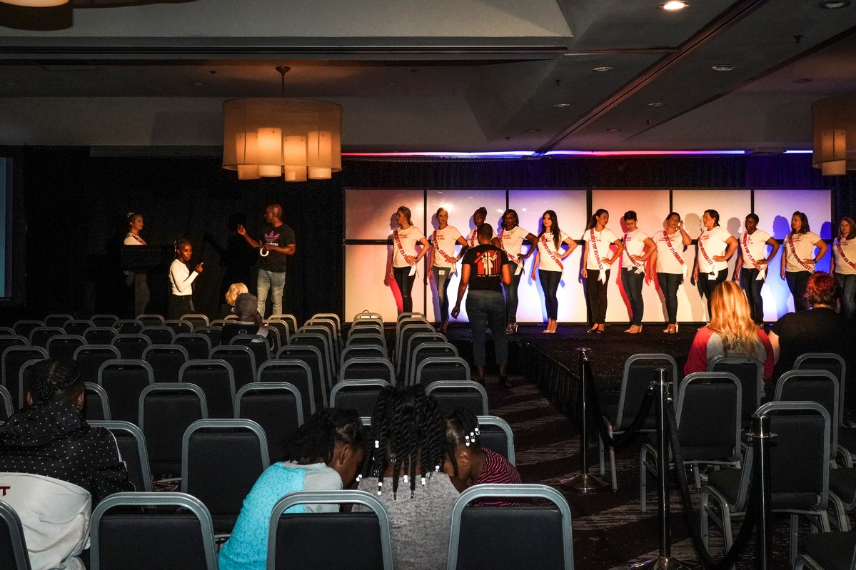 2017. Washington DC. USA. Rehearsal for the main event. Ms. Veteran America is a pageant for active duty and retired female members of the armed forces. Part beauty pageant, part talent competition, part test of strength and commitment, the event raises funds for Final Salute, an organization providing housing and support for homeless women veterans and their children. Some of the participants danced and some sang, but many gave testimonials of sexual assault, PTSD and homelessness. Lindsay Gutierrez won the 2017 competition. The keynote speaker was the original "Daisy Duke", Catherine Bach.