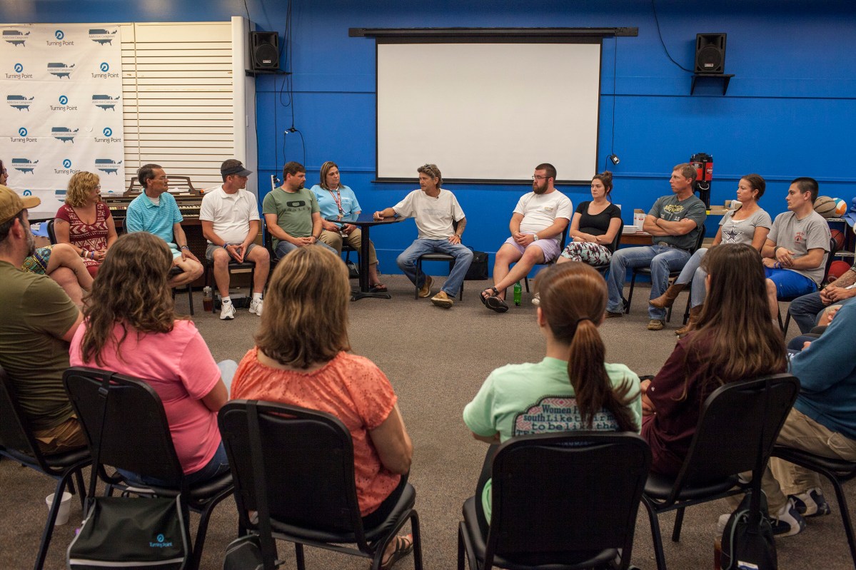 Ronald Hiers speaks to a group meeting at Turning Point recovery center in Southaven, MS on May 11, 2017.